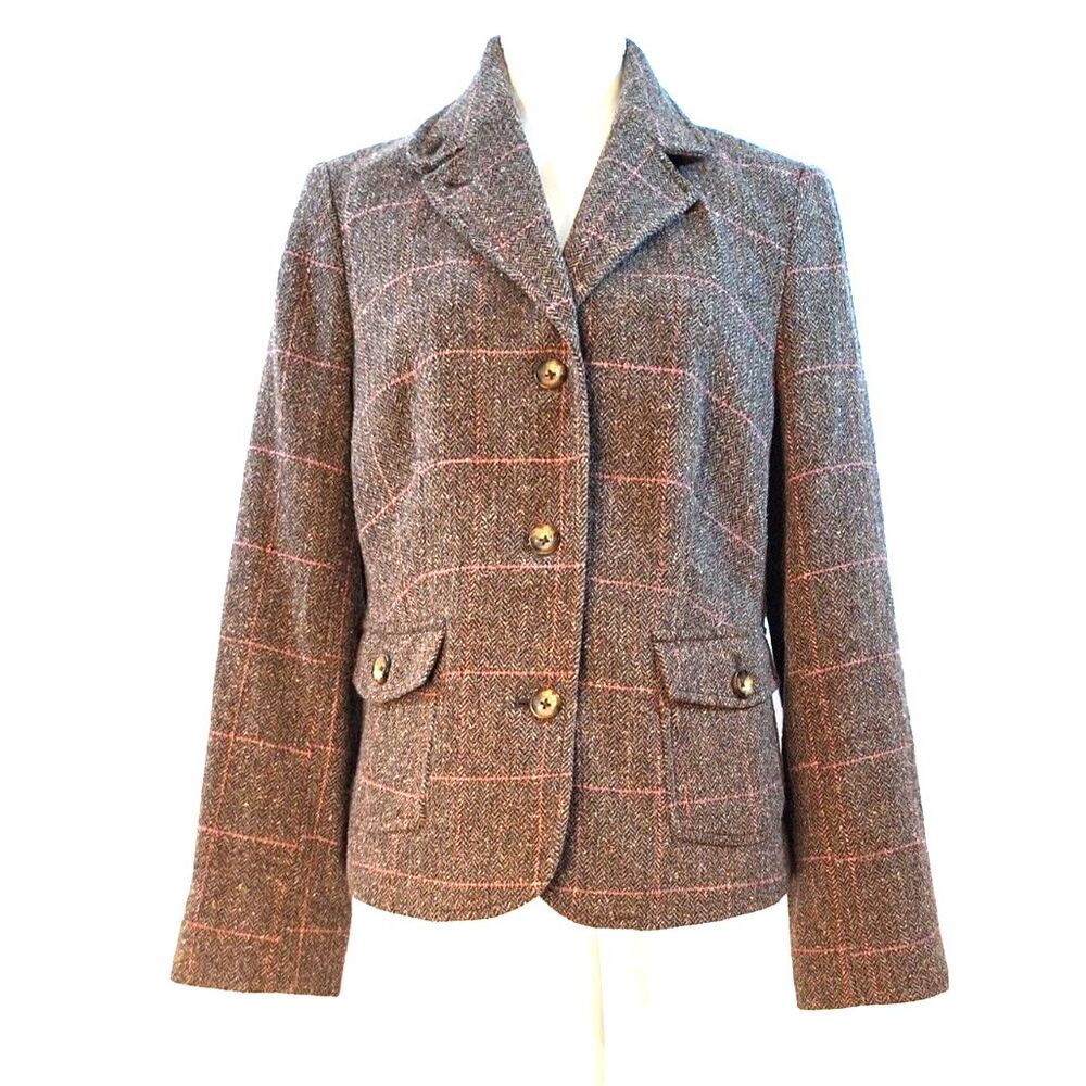 LL Bean Womens Blazer Brown Check Wool Blend Size M